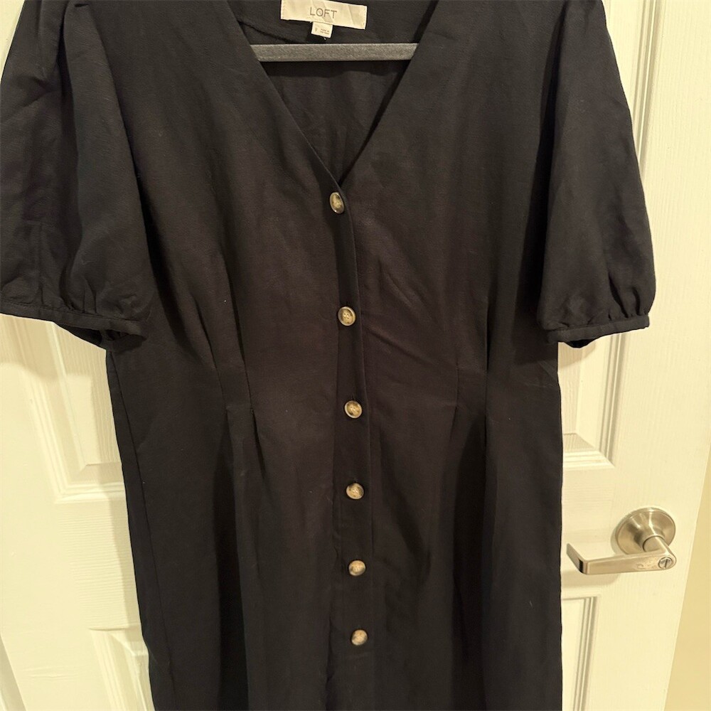 LOFT Dress Womens Size 8 Black Button Front V-Neck Puff Sleeve Mini Shift
